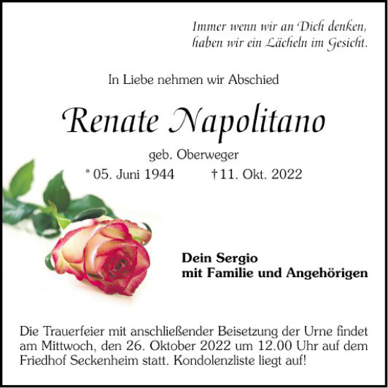 Traueranzeige von Renate Napolitano von Mannheimer Morgen