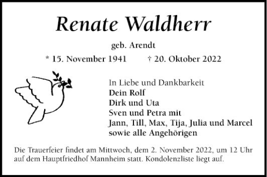 Traueranzeige von Renate Waldherr von Mannheimer Morgen