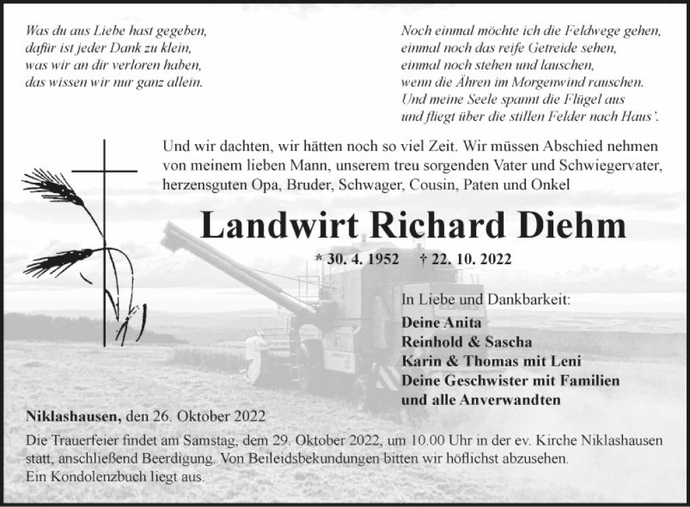  Traueranzeige für Richard Diehm vom 26.10.2022 aus Fränkische Nachrichten