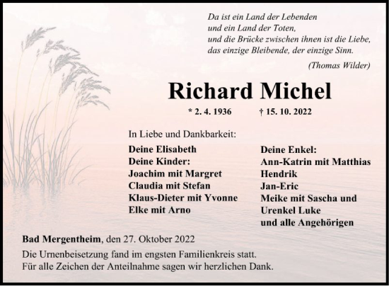 Traueranzeige von Richard Michel von Fränkische Nachrichten