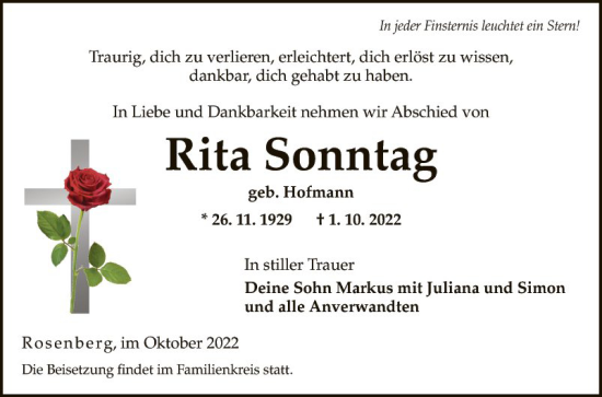 Traueranzeige von Rita Sonntag von Fränkische Nachrichten