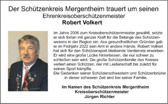 Traueranzeige von Robert Volkert von Fränkische Nachrichten