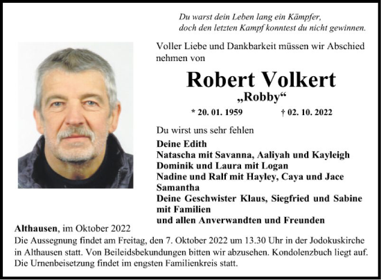 Traueranzeige von Robert Volkert von Fränkische Nachrichten