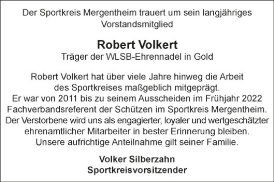 Traueranzeige von Robert Volkert von Fränkische Nachrichten