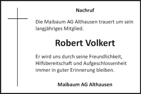 Traueranzeige von Robert Volkert von Fränkische Nachrichten