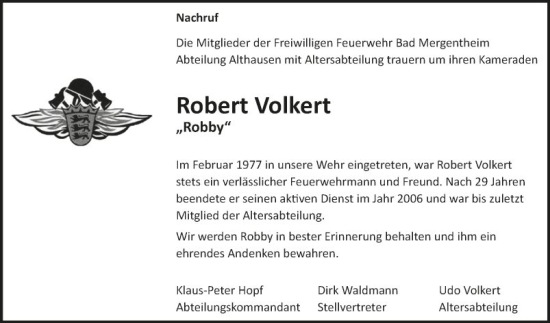 Traueranzeige von Robert Volkert von Fränkische Nachrichten