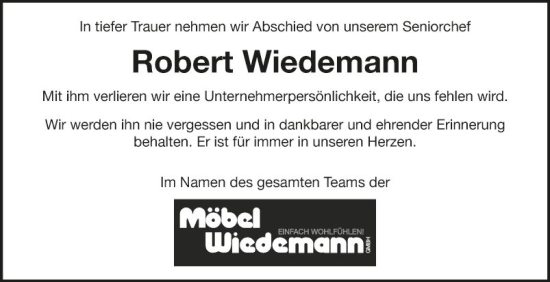 Traueranzeige von Robert Wiedemann von Fränkische Nachrichten