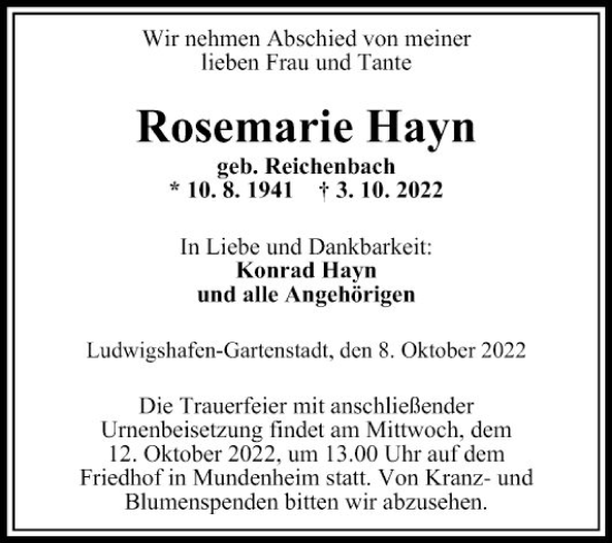 Traueranzeige von Roesemarie Hayn von Mannheimer Morgen