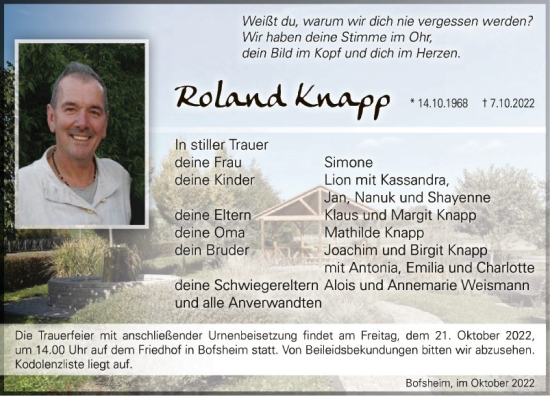 Traueranzeige von Roland Knapp von Fränkische Nachrichten