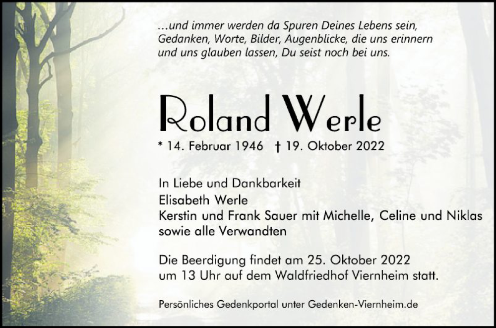 Traueranzeige für Roland Werle vom 24.10.2022 aus Mannheimer Morgen