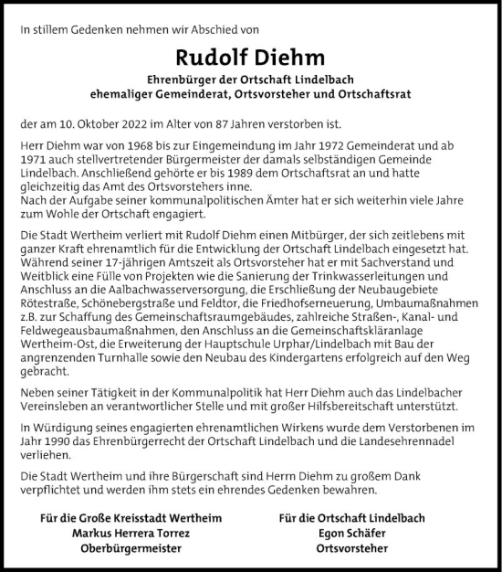 Traueranzeige von Rudolf Diehm von Fränkische Nachrichten