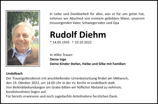 Traueranzeige von Rudolf Diehm von Fränkische Nachrichten