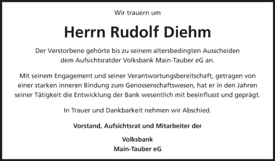 Traueranzeige von Rudolf Diehm von Fränkische Nachrichten