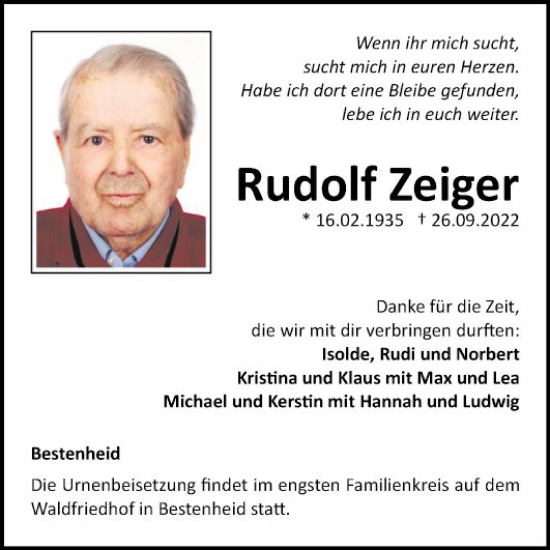 Traueranzeige von Rudolf Zeiger von Fränkische Nachrichten