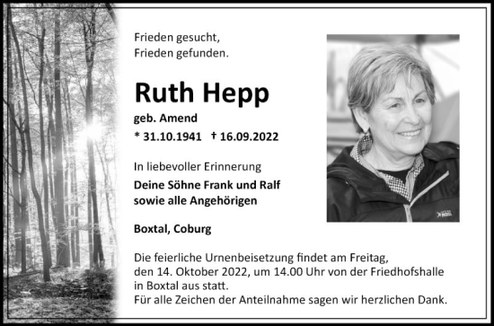 Traueranzeige von Ruth Hepp von Fränkische Nachrichten