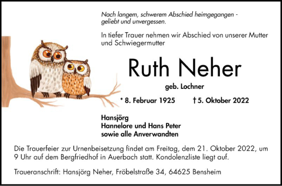 Traueranzeige von Ruth Neher von Bergsträßer Anzeiger