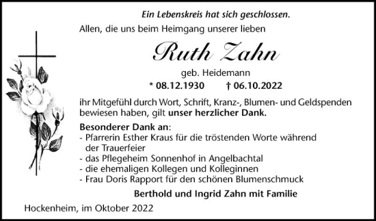 Traueranzeige von Ruth Zahn von Schwetzinger Zeitung