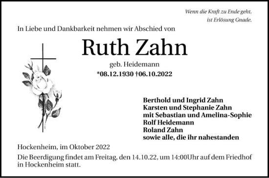 Traueranzeige von Ruth Zahn von Schwetzinger Zeitung