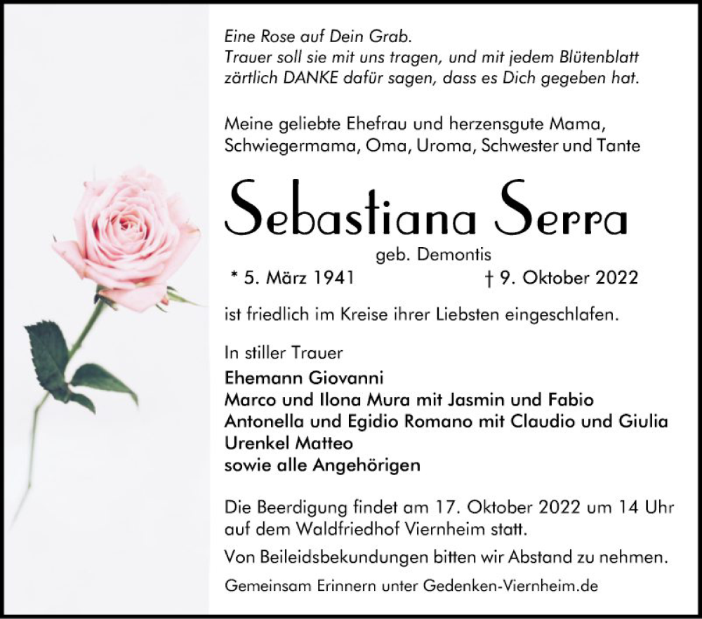  Traueranzeige für Sebastiana Serras vom 15.10.2022 aus Mannheimer Morgen