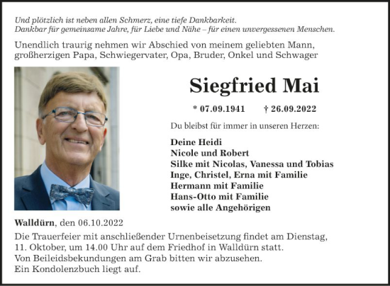 Traueranzeige von Siegfried Mai von Fränkische Nachrichten