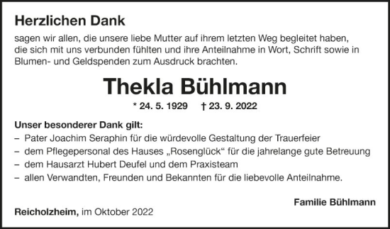 Traueranzeige von Thekla Bühlmann von Fränkische Nachrichten