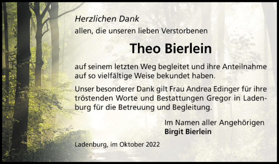 Traueranzeige von Theo Bierlein von Mannheimer Morgen