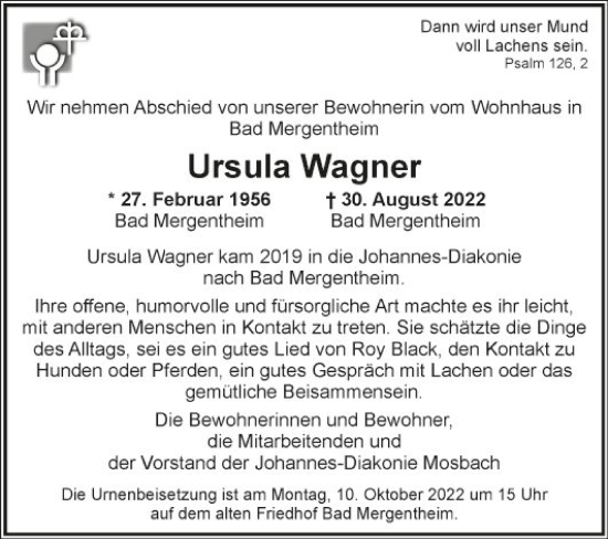 Traueranzeige von Ursula Wagner von Fränkische Nachrichten