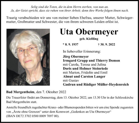 Traueranzeige von Uta Obermeyer von Fränkische Nachrichten