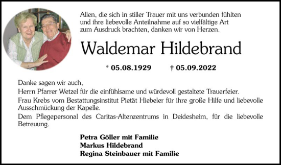 Traueranzeige von Waldemar Hildebrand von Mannheimer Morgen