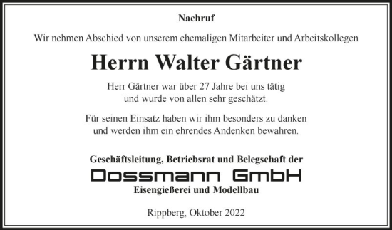 Traueranzeige von Walter Gärtner von Fränkische Nachrichten