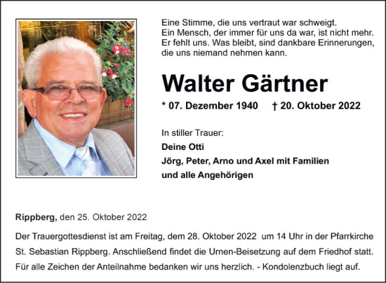 Traueranzeige von Walter Gärtner von Fränkische Nachrichten