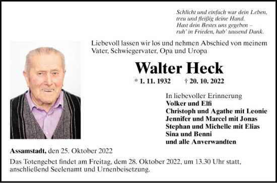 Traueranzeige von Walter Heck von Fränkische Nachrichten