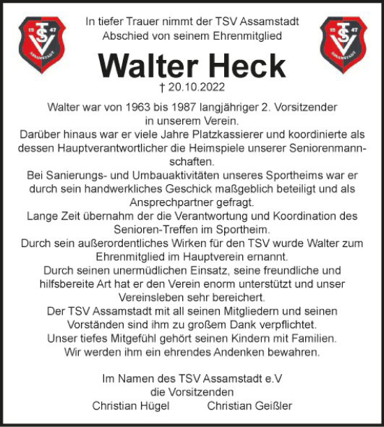 Traueranzeige von Walter Heck von Fränkische Nachrichten