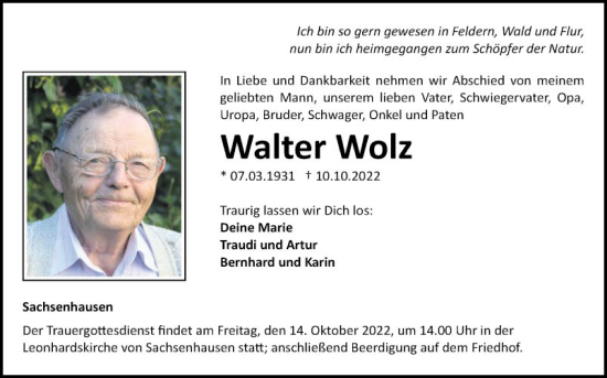 Traueranzeige von Walter Wolz von Fränkische Nachrichten