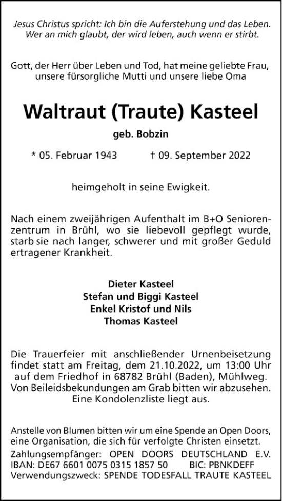 Traueranzeige von Waltraut Kasteel von Schwetzinger Zeitung