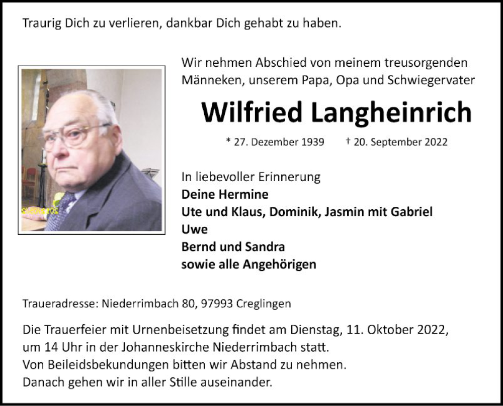  Traueranzeige für Wilfried Langheinrich vom 07.10.2022 aus Fränkische Nachrichten