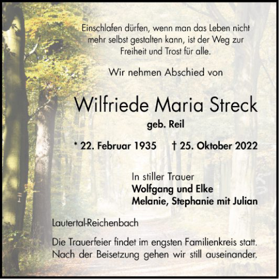 Traueranzeige von Wilfriede Maria Streck von Bergsträßer Anzeiger