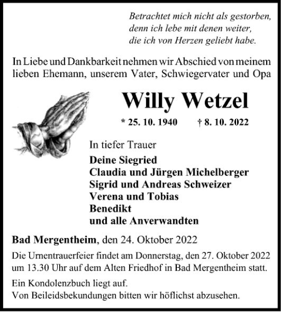 Traueranzeige von Willy Wetzel von Fränkische Nachrichten