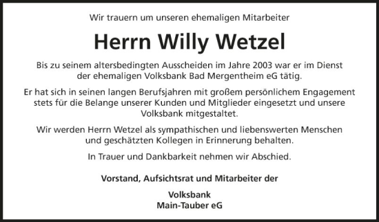 Traueranzeige von Willy Wetzel von Fränkische Nachrichten