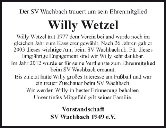 Traueranzeige von Willy Wetzel von Fränkische Nachrichten