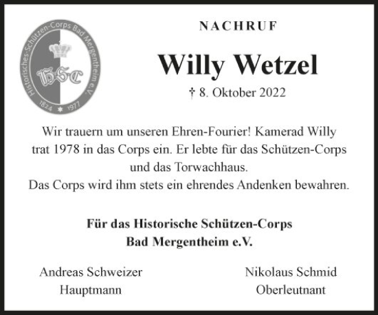 Traueranzeige von Willy Wetzel von Fränkische Nachrichten