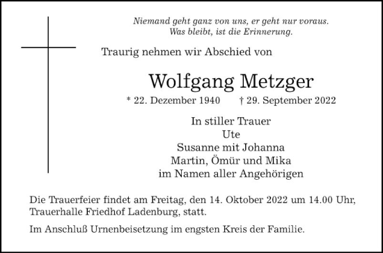 Traueranzeige von Wolfgang Metzger von Mannheimer Morgen