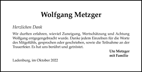 Traueranzeige von Wolfgang Metzger von Mannheimer Morgen