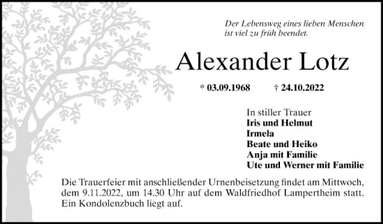 Traueranzeige von Alexander Lotz von Bergsträßer Anzeiger