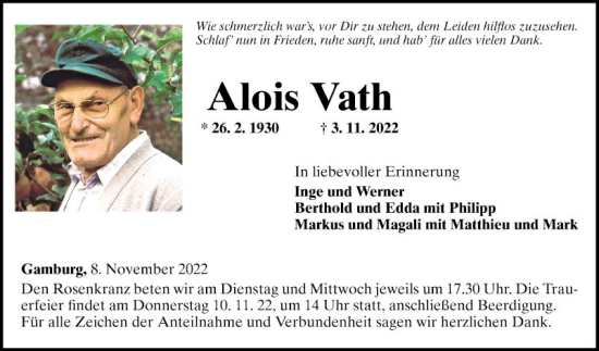 Traueranzeige von Alois Vath von Fränkische Nachrichten