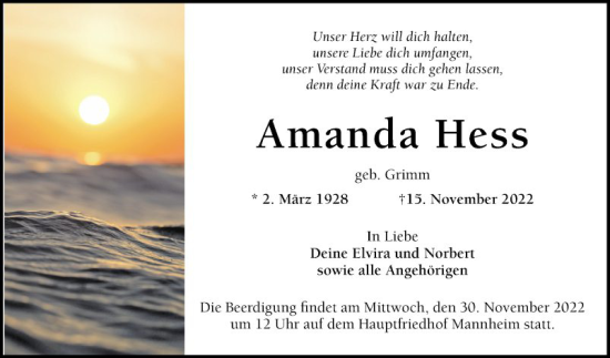 Traueranzeige von Amanda Hess von Mannheimer Morgen