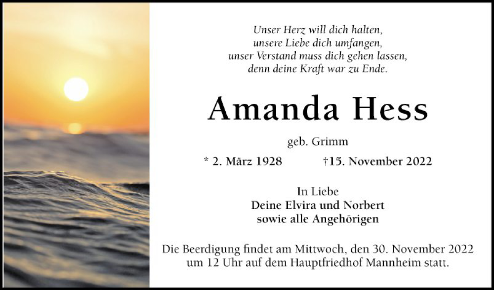  Traueranzeige für Amanda Hess vom 19.11.2022 aus Mannheimer Morgen