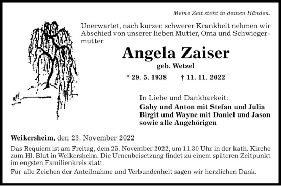 Traueranzeige von Angela Zaiser von Fränkische Nachrichten