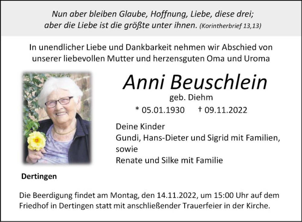  Traueranzeige für Anni Beuschlein vom 12.11.2022 aus Fränkische Nachrichten