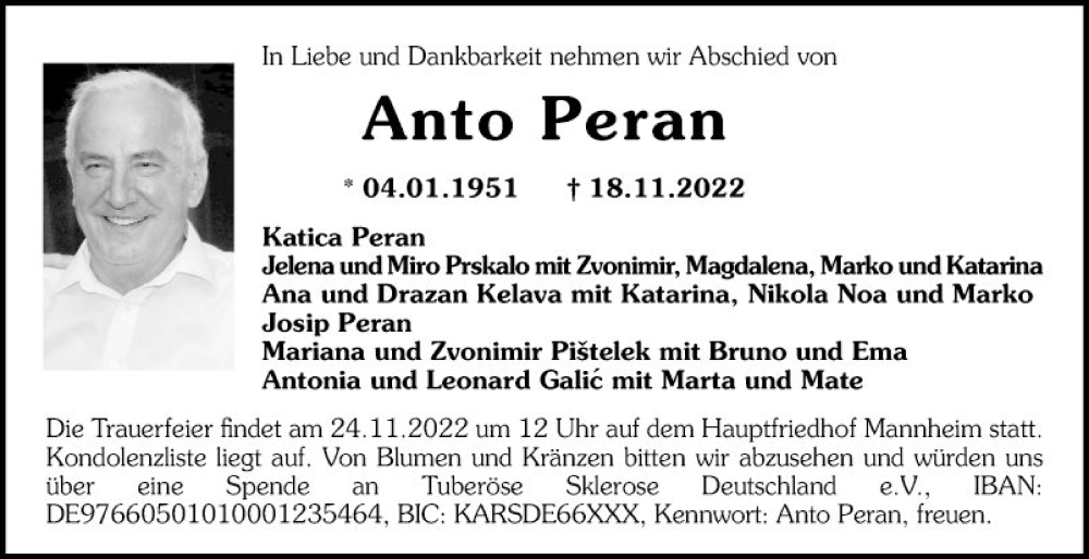  Traueranzeige für Anto Peran vom 23.11.2022 aus Mannheimer Morgen